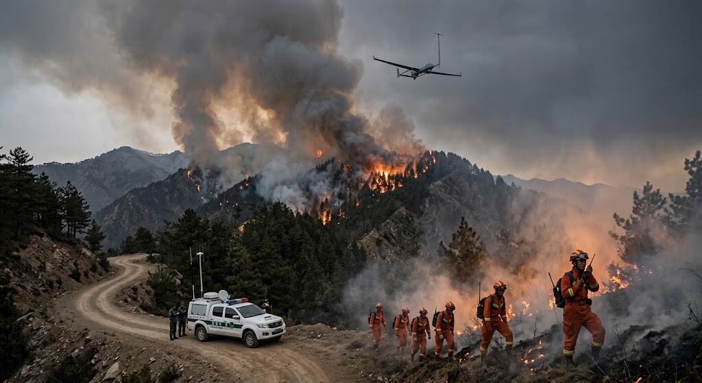 高原山区森林火灾浓烟与林线遮挡下空地混合Mesh组网真实场景