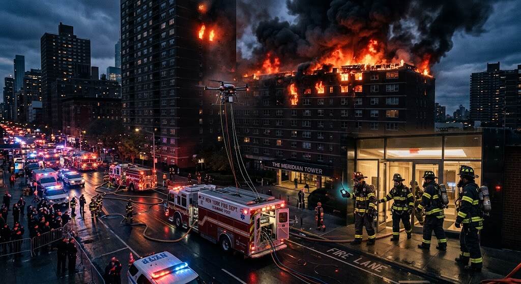 高层建筑火场中，地面前指指挥车与系留升空中继无人机、消防员手持P5单兵终端深入浓烟楼道、火势向上蔓延、城市高层建筑群的俯视与近景混合画面