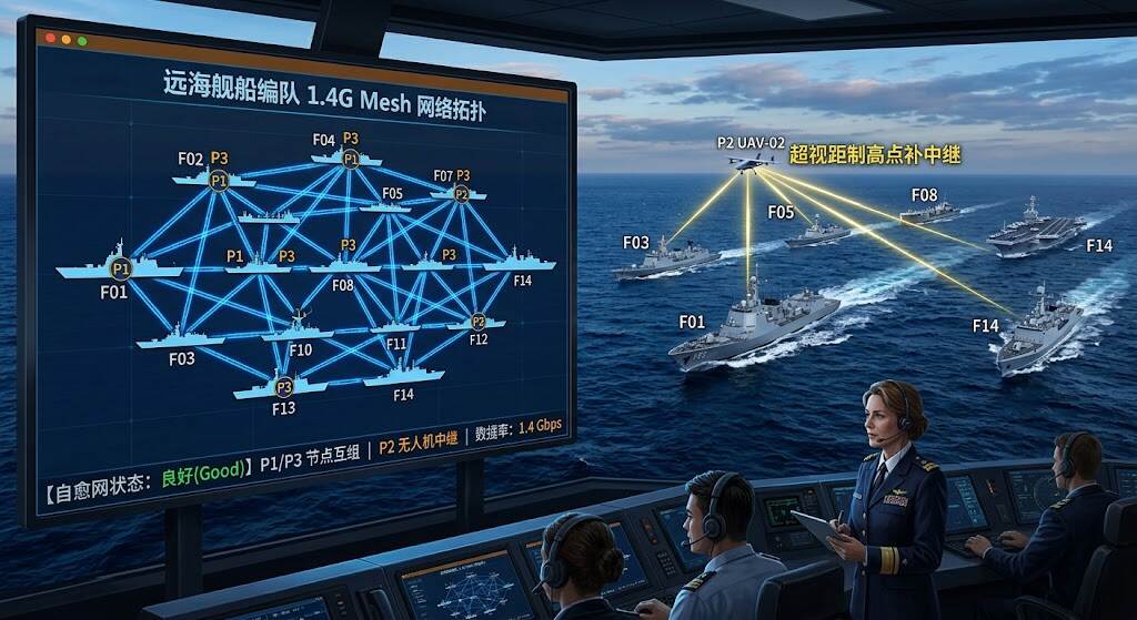 远海海面上，舰船编队各舰部署舰载 Mesh 节点，一架无人机中继在舰船之间升空三角补位，旗舰指挥舱大屏显示整支编队的实时拓扑态势