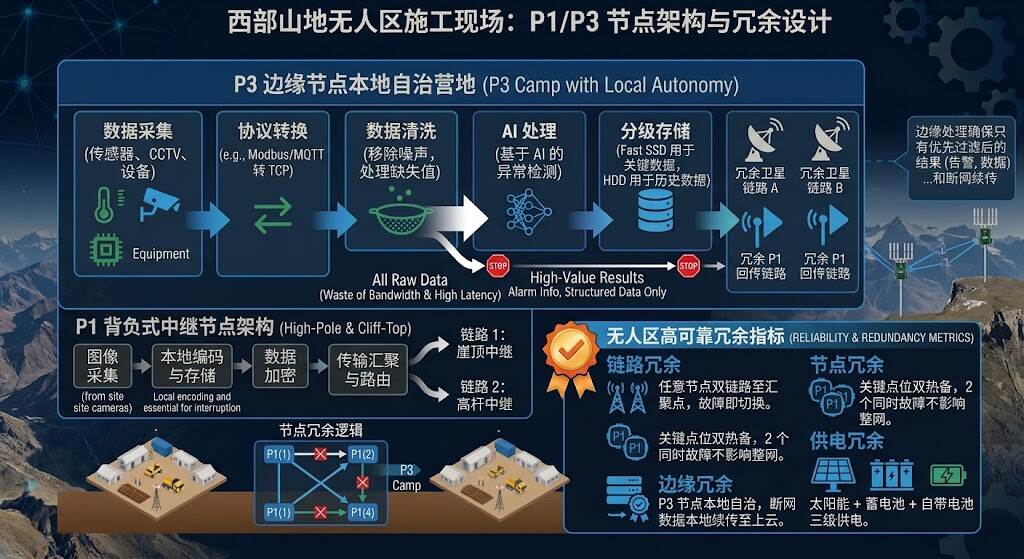 西部山地无人区施工现场：挖掘机与工人作业，远处铁塔与崖顶架设有Mesh中继节点P1，山地背景