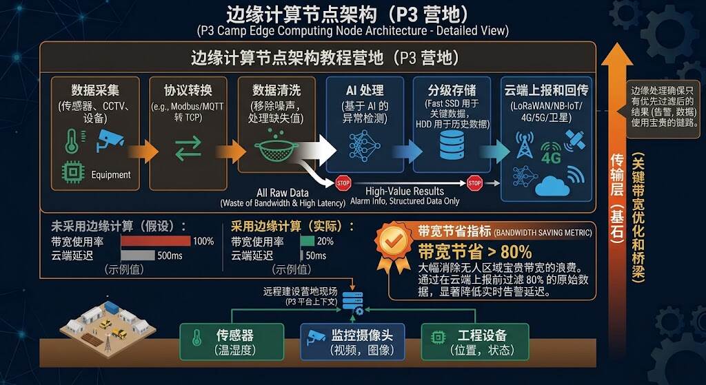 边缘计算架构图：传感器数据流向边缘网关处理后上传云端